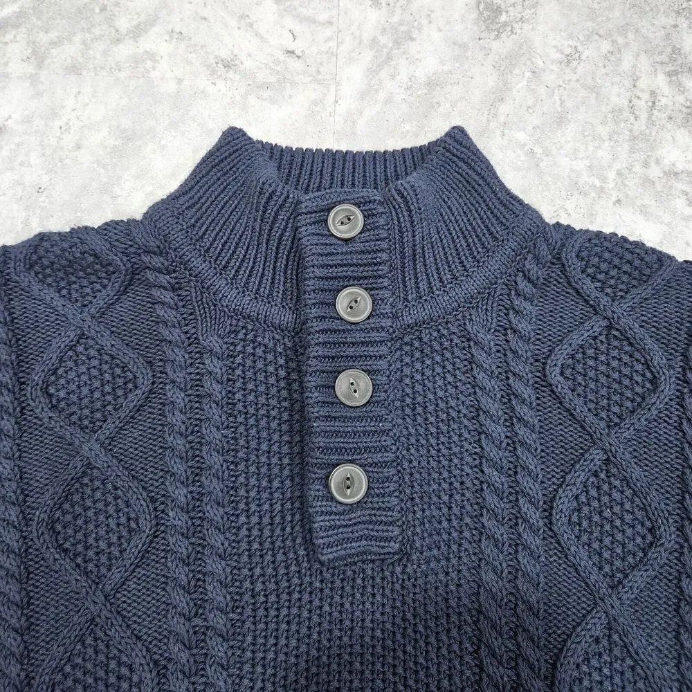 LL Bean Signature Fisherman Button Henley Sweater Blue‎ Cable Knit MENS XL Mock